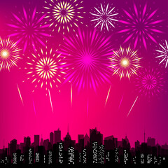 Fototapeta na wymiar City skyline with festive fireworks. Glowing light over the city. Holiday cityscape jpeg illustration