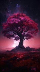 A pink scene is shown with a red tree Generative Ai
