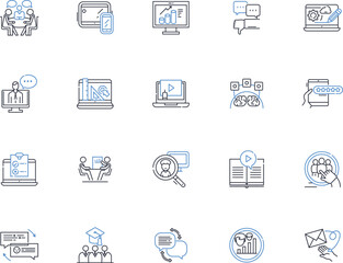 Online tutoring line icons collection. E-learning, Virtual, Education, Skype, Zoom, Distance, Internet vector and linear illustration. Knowledge,Homework,Tutor outline signs set
