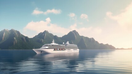 Cruise liner on the background of mountains. Generative AI.