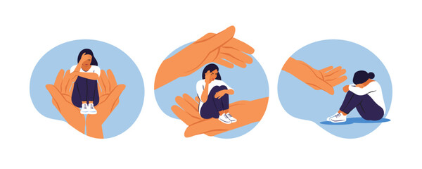 Set images with young woman character sitting on a hand palm. Help and support, a counseling session. Psychotherapy concept. Vector illustration. - obrazy, fototapety, plakaty