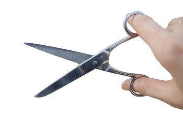 Metal scissors in hand on a transparent background.