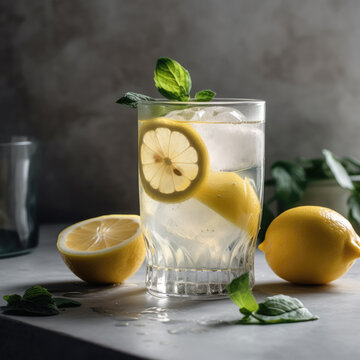 **A beautifully poured glass of lemonade, captured in a stunningly cinematic shot on a white surface, with a stack of sliced lemons and a mint sprig as accents.