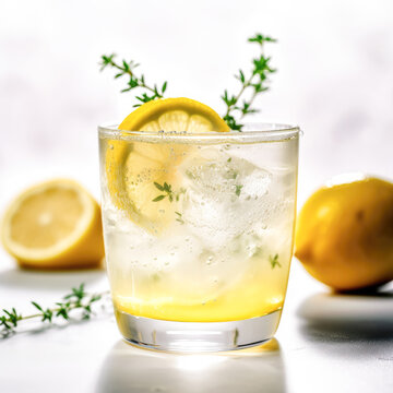 A bright and flavorful glass of lemonade, showcased in a beautifully composed shot on a pristine white surface, with a sprig of fresh thyme as a garnish. 