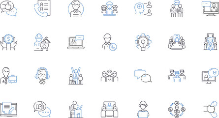 HR enhancement line icons collection. Streamlining, Automation, Integration, Innovation, Analytics, Engagement, Communication vector and linear illustration. Training,Retention,Onboarding outline