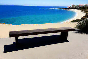 Empty sad bench on sidewalk facing the blue ocean with rocks during summer, in tenerife, spain