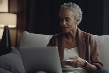 stylish older black woman with laptop computer at home, created with Generative AI Technology