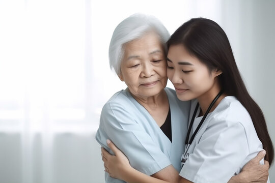 nurse hugs an elderly woman expressing support in an elderly care facility, created with Generative AI Technology
