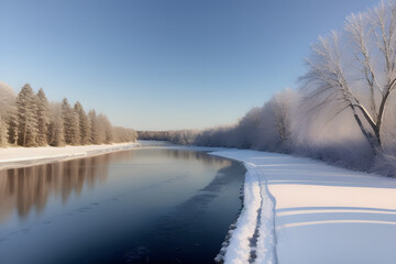 Winter river landscape with in the frozen bank of the river. Cold wet weather with gray sky. Sandy beach with trees. Environmental protection. Outdoor ... See More