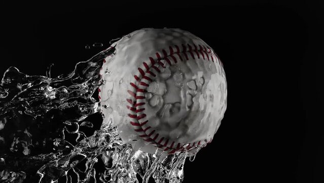 baseball ball Splashing, black background, wrapped in and water, Splash and water drops rotate, 3d render
