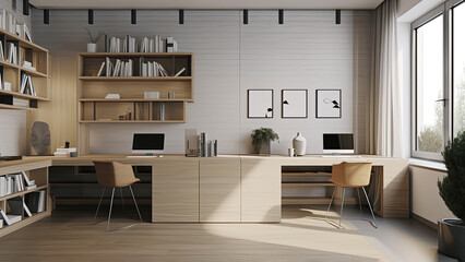 Minimalistic study in a modern apartment building, featuring two wooden desks, wall-mounted bookcases, a window with a city view, photorealistic illustration, Generative AI