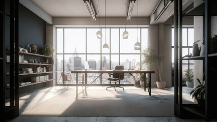 A sunlit loft in a high-rise building with concrete walls, featuring floor-to-ceiling glass windows, wooden desk, and bookshelves, photorealistic illustration, Generative AI