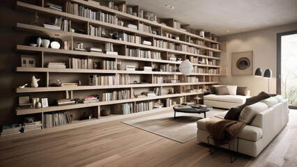 Book lover's haven: Wall-to-wall bookshelves, sunlit glass window, cozy sofa, and warm wood floor, photorealistic illustration, Generative AI