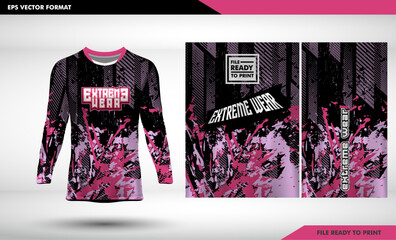 Long sleeve sports racing suit. Front t-shirt design. Templates for team uniforms. Sports design for football, racing, cycling, gaming jersey. Vector, pink soft grunge