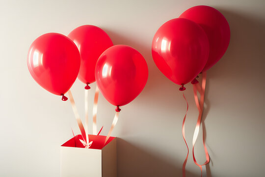 Big red balloons object for birthday party isolated on a beige background. Creativ flat lay.