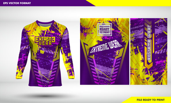 Long sleeve sports racing suit. Front t-shirt design. Templates for team uniforms. Sports design for football, racing, cycling, gaming jersey. Vector dark purple and light yellow grunge