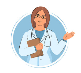 The doctor's consultation.Doctor woman in white coat. Friendly and caring medical worker. Vector illustration.