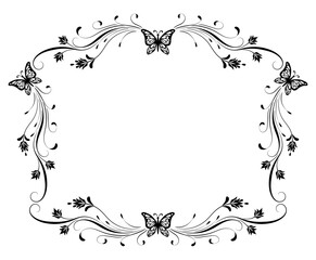 Floral frame. Ornament with butterfly, flowers and foliage in retro style isolated on white background.