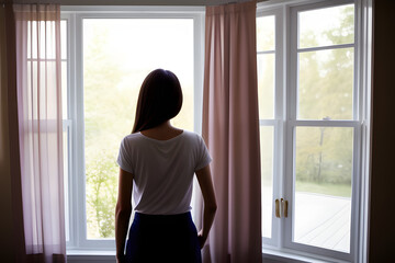 Rear View Full Length Of Woman Standing By Window At Home