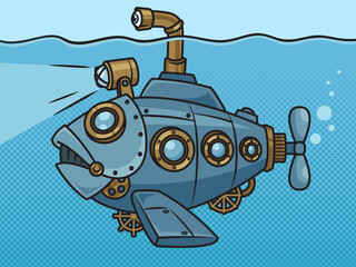 fantastic submarine in the form of mechanical big fish pinup pop art retro vector illustration. Comic book style imitation. © Oleksandr Pokusai