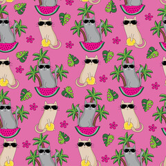 Tropical seamless pattern, with funny cartoon cats and watermelon, lemon slice and island. Good for textile print, cover, banner, wrapping and wallpaper design.