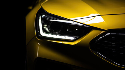 Headlight of yellow modern car on black background, copy space