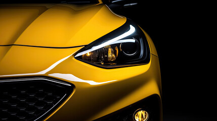 Headlight of yellow modern car on black background, copy space