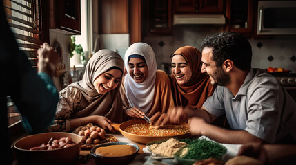 Fototapeta na wymiar A fictional person. A happy family cooking and sharing a meal together in the kitchen