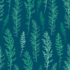 Fototapeta na wymiar Seamless pattern with leaves of field plants in different shades of green on a dark blue background. Natural background with plant silhouettes. Design for fabric, packaging, cover, textiles.