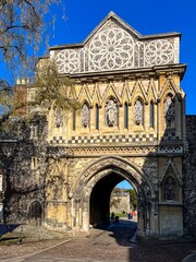 view of the gate in Tombland district area of Norwich centre. Selective focus 