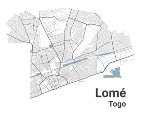 Lome map, capital city of Togo. Municipal administrative area map with rivers and roads, parks and railways.