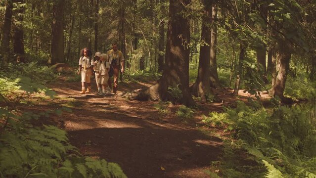 Full length shot of adult scouter with multiethnic troop of kids hiking on trail in summer forest lit by sunlight