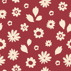 Doodle flowers seamless pattern. White scribbled flowers on red background. Hand drawn allover fashion print