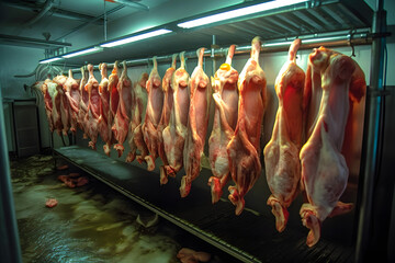 Meat processing in the food industry pork carcasses hanging on hooks in a meat factory. Generative AI.