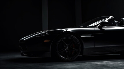 Close up front view of black sports car with copy space