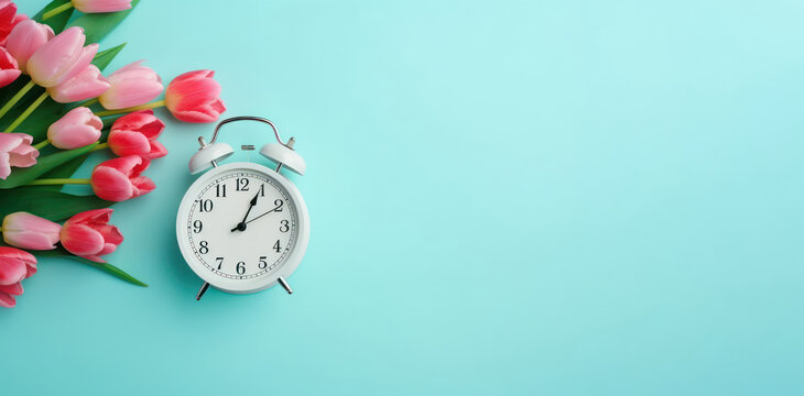 A baby blue background with tulips and an alarm clock on the left. Top view spring banner with plenty of copy space.