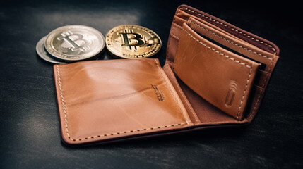 three bitcoin coin sitting inside a wallet on a black surface