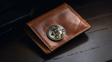 brown card wallet with bitcoin coin embedded into it