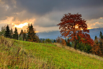 Fototapeta na wymiar Cloudy sunrise under the Tatra Mountains at autumn, Lapszanka. Poland