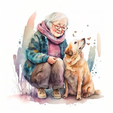 Generative Ai, old person embracing their pet, created using watercolor technique.