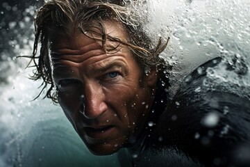 Surfboarder's Victory: Close-Up Triumph, Epic Tube Wave, Skill & Mastery, Powerful Ocean Forces, Generative AI
