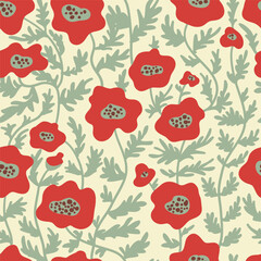 poppy flowers abstract shapes vector seamless pattern. Matisse minimal style. Floral botanical contemporary background