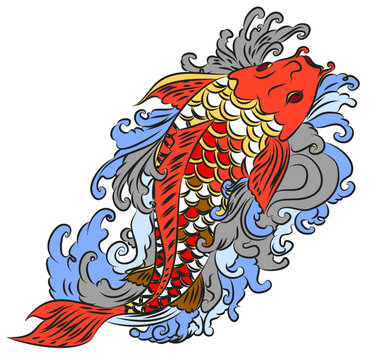 Beautiful line art Koi carp tattoo design ,colorful koi fish and flower. Idea for tattoo and coloring books.