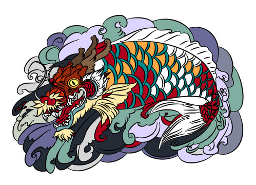 Beautiful Dragon carp Koi tattoo design ,colorful koi fish and flower. Idea for tattoo and coloring books.