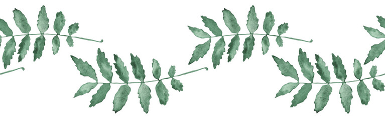 Watercolor frame - illustration with green leaves and branches and golden elements, for wedding stationery, congratulations, wallpapers and more on white bacground.