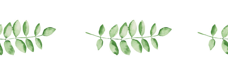 Fototapeta premium Watercolor frame - illustration with green leaves and branches and golden elements, for wedding stationery, congratulations, wallpapers and more on white bacground.