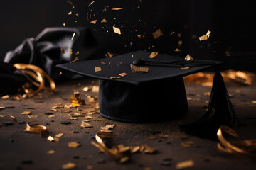 graduation cap hat with exploding falling glitter confetti. dark black background for collage graduation success congratulations. generative ai