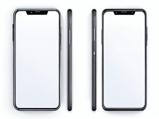 Mockup of empty white smartphones with no text on a white background. Generative AI.