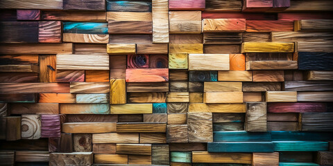 Textur abstrakter Blockstapel an der Wand für Hintergrund, abstrakte bunte Holzstruktur für Hintergrund. KI