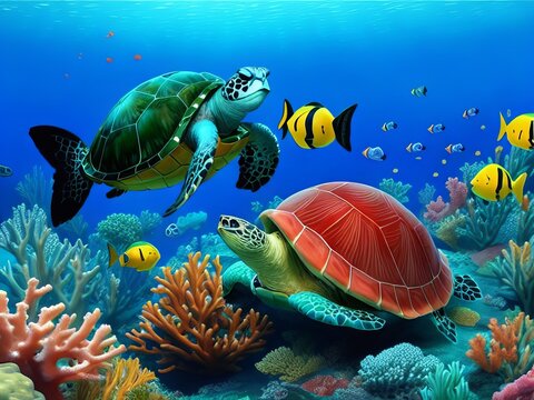 Coral reef underwater with vibrant fish and a turtle. 